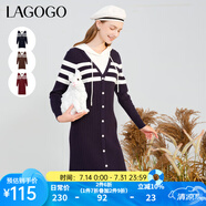 lagogo新款文藝條紋連帽長(zhǎng)袖直筒裙女拉谷谷冬季新款寬松連衣裙 藏青白(MV) XL 170/42