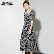 海青藍(lán)蕾絲印花短袖連衣裙夏女2025新款女裝輕熟小眾不撞款裙子 花色 XL