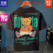 羅蒙（ROMON）2025年新款潮牌夏季短袖T恤男潮流寬松熊同款印花休閑半袖體恤男 H010純棉 黑 XL 110-130斤 喜歡寬松拍大一碼