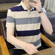 VACK夏季短袖t恤男衣服男裝潮流休閑翻領(lǐng)半袖打底衫純棉男士條紋短袖  2323卡其 M (90-115斤)