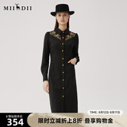 謎底刺繡連衣裙長(cháng)袖女2024秋款復古文藝修身襯衫式長(cháng)裙248ML8301 黑色  S