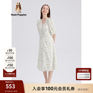 Hush Puppies暇步士女裝夏新款中長(cháng)款五分短袖顯瘦印花連衣裙 358綠白 S