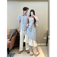 2025夏季情侶裝夏裝一男一女套裝條紋格子短袖襯衫連衣裙一衣一裙 假兩件女裙 S