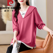 皮爾卡丹大碼假兩件衛衣女士春裝2025新款時(shí)尚洋氣胖mm寬松上衣春秋季 粉色(春秋款) M (建議100斤以?xún)?
