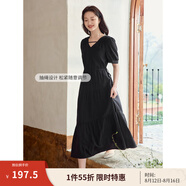 茵曼（INMAN）法式薄荷曼波連衣裙2024夏女裝新品V領(lǐng)燈籠袖抽繩 午夜黑 S