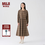 無印良品（MUJI）女式 法蘭絨抽褶連衣裙 美拉德純棉起毛寬松長(zhǎng)裙子秋冬 BC08CC3A 褪色米色格紋 S 155/80A