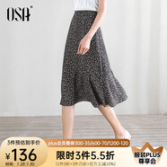 歐莎（OSA）碎花半身裙女夏季中長款荷葉邊a字雪紡裙小個子高級感顯瘦裙子 黑底印花 M