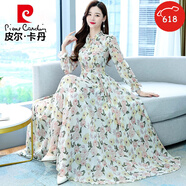 皮爾卡丹（pierre cardin）碎花連衣裙2025年春秋新款女裝氣質(zhì)仙女春秋長(zhǎng)*袖雪紡超仙長(zhǎng)款裙 2070白色 M (95-105斤)