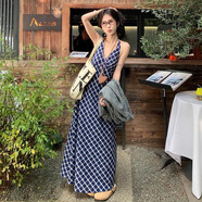 沐霓 大碼復古掛脖撞色格紋連衣裙女夏季法式垂感胖MM遮肚顯瘦A字裙 藍色 L