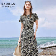 卡米蘭（kamilan）法式碎花鏤空沙灘連衣裙女夏2025新款獨特漂亮掐腰連身裙子 花色 S