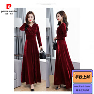 皮爾卡丹（pierre cardin）2025春秋冬季款裙金絲絨洋裝長版修氣質(zhì)長袖大尺碼秋裝女新長身子 酒紅色 M