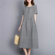 LISI輕奢國際高檔品牌連衣裙棉質(zhì)黑白小格子長(cháng)款過(guò)膝女短袖文藝寬松顯 大格子 M 【建議90-105斤】