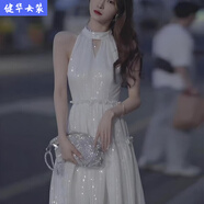 茵侈氣質(zhì)短款連衣裙性感顯瘦收腰掛脖露肩a字短裙無(wú)袖掛脖式連衣裙夏 白色 XL