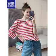 羅蒙（ROMON）涼感針織衫女夏季藍(lán)白條紋冰絲長(zhǎng)袖T恤寬松慵懶風(fēng)遮陽(yáng)衫chic上衣 紅白條 均碼 -85-125斤