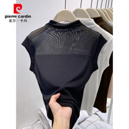 皮爾卡丹黑色半高領(lǐng)短袖t恤女2025新款夏季網(wǎng)紗打底衫修身內搭感上衣 黑色 L