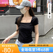 西遇方領(lǐng)短袖t恤女2025年夏季新款小個(gè)子法式正肩修身短款上衣 黑色 S (155)