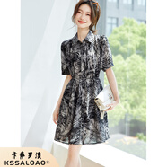 卡薩羅澳（KSSALOAO）高端品牌翻領(lǐng)印花襯衫連衣裙女2025夏季新款小個(gè)子系帶收腰連衣裙 黑色 M 建議100-115斤