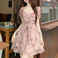 沈妃妍連衣裙法式雪紡碎花夏季新款大碼女裝粉色短裙遮肚粉色偏 M碼建議95-105b
