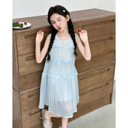 細(xì)仔碼頭女童連衣裙夏季背心裙子2025新款小女孩扎染百褶公主裙韓版甜酷潮 藍(lán)色單件連衣裙 全棉內(nèi)襯 130