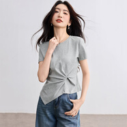 尚都比拉（Sentubila）【棉】短袖t恤女夏2025新款休閑扭結(jié)設(shè)計不規(guī)則上衣 花灰色 S