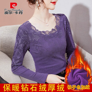 皮爾卡丹網(wǎng)紗打底衫女長袖春秋內(nèi)搭花邊圓領(lǐng)沙tT恤鏤空蕾絲上衣薄款紗衣 紫羅蘭-:A款 加絨 M