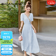 Ehangy輕奢品牌2025年夏季新款連衣裙女設(shè)計感復(fù)古釘珠V領(lǐng)收腰清新裙子 藍(lán)色 M