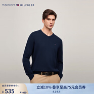 TOMMY HILFIGER【純色V領】秋冬季男裝純棉商務休閑簡約內(nèi)搭打底衫針織衫毛衣 【小V領繡標毛衣】-深藍色475 L （推薦：150-165斤）