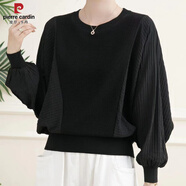 皮爾卡丹（pierre cardin）蝙蝠衫垂墜感寬松拼接蝙蝠袖圓領(lǐng)胖m妹套頭薄款上衣顯瘦針織衫 圓領(lǐng)拼接  黑色 高品質(zhì) L 100-115斤