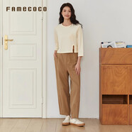 Famecoco范可兒長(cháng)褲棉質(zhì)線(xiàn)條刺繡哈倫褲簡(jiǎn)約通勤女裝褲子 卡其色 S