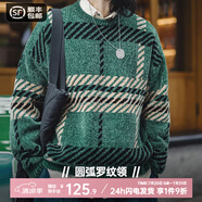 馬登工裝 美式復古雪尼爾圣誕毛衣男春季撞色加厚保暖打底套頭針織衫 綠間條 寬松偏大 M