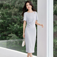 尚都比拉（Sentubila）水滴鏤空圓領(lǐng)連衣裙女2025年夏季新款氣質(zhì)法式短袖長裙子 藍色 L (建議115-130斤)