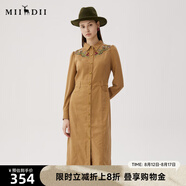謎底刺繡連衣裙長(cháng)袖女2024秋款復古文藝修身襯衫式長(cháng)裙248ML8301 棕卡其 M