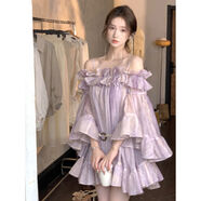 vnxifm花房森女甜美仙氣一字肩吊帶抹胸連衣裙設計感荷葉邊氣質(zhì)短裙子 暈染紫 含腰帶 M （建議95-105斤c