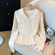 朦朧杏針織衫洋氣30-40歲寬松韓版實(shí)拍翻領(lǐng)polo衫正肩長(cháng)袖針織打底衫女 杏色 均碼