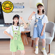 G.DUCKKIDS女童小熊牛仔背帶褲套裝2025夏新款韓版洋氣兒童牛仔短褲愛(ài)心T恤 果綠色套裝 110 cm