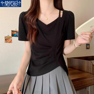 莫代爾t恤女2025夏季新款不規(guī)則黑色v領內(nèi)搭短袖遮肚顯瘦正肩打底衫上衣 黑色 M 【90-100斤】