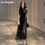拉夏貝爾（La Chapelle）連衣裙黑色蕾絲連衣裙女2025夏季新款氣質(zhì)減齡感法式中長裙 黑色 L 110-120斤