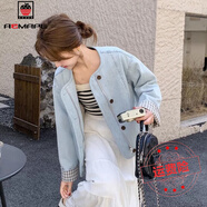 AEMAPE格子拼接牛仔外套女春秋2025新款淺藍色上衣爆款超火獨特設(shè)計感 牛仔藍 常規(guī) M