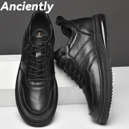 Anciently皮鞋男2025秋季新款柔軟牛皮板鞋男氣墊輕奢黑色防滑軟底休閑男鞋 黑色 39