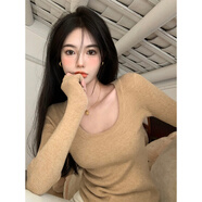 矜持范法式復(fù)古低領(lǐng)秋冬針織打底衫女長(zhǎng)袖春季t恤感內(nèi)搭上衣ins毛衣女 卡其色 M 95-105