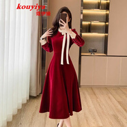 蔻伊婭（Kouyiya）品牌女裝新品赫本風(fēng)小黑裙秋冬2025新款氣質(zhì)復古長(cháng)袖連衣裙女收腰 紅色長(cháng)款 M