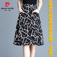 皮爾卡丹半身裙帶口袋半身裙女夏寬松a字包臀裙新款松緊顯瘦高腰格子中裙 幾何圖拉鏈款 后面隱形拉鏈 M 90-100斤