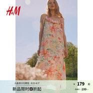 H&M女裝連衣裙秋季V領寬松印花吊帶度假風褶邊中長裙連身裙1234153 粉色/花卉 170/116 XL
