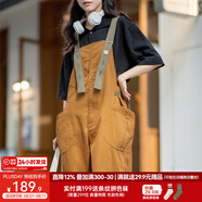 馬登女裝 美式復(fù)古減齡寬松背帶褲大口袋直筒寬松吊帶連體工裝長褲 卡其黃 馬登工裝 2XL