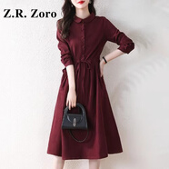 Z.R.Zoro奢侈品連衣裙女2025秋季新款潮流時(shí)尚高級感遮肚顯瘦襯衫連衣裙女 酒紅 M