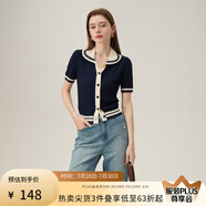 范思藍恩學(xué)院風(fēng)百搭撞色POLO領(lǐng)針織開衫2024夏新款上衣24FS12115 藏青色 S