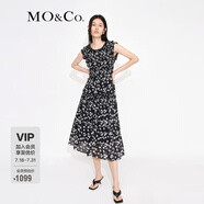 MO&Co.荷葉邊花邊打攬收腰碎花無袖園藝風(fēng)連衣裙氣質(zhì)露背裙子摩安珂 黑底彩花色-第2批 M 165