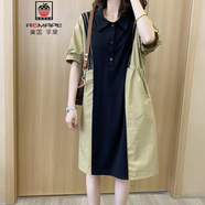 AEMAPE大碼休閑通勤POLO領(lǐng)連衣裙女2025夏季新款胖MM遮肉顯瘦拼條紋裙子 綠色 3XL -135-145斤
