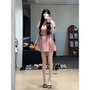 GARNUO白色短袖連衣裙子女夏季法式小個(gè)子高級(jí)感小禮服裙收腰小白裙短裙 粉色【短袖短款】 M 【101-110斤】