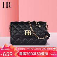 HR赫蓮娜女包單肩斜跨包小香風(fēng)頭層牛皮菱格鏈條包高級(jí)感生日禮物 黑色【大號(hào)】